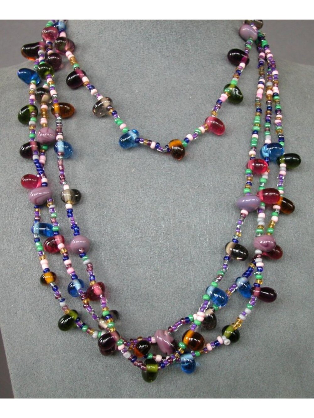 Three Strand Colorful Glass Bead Necklace 15"